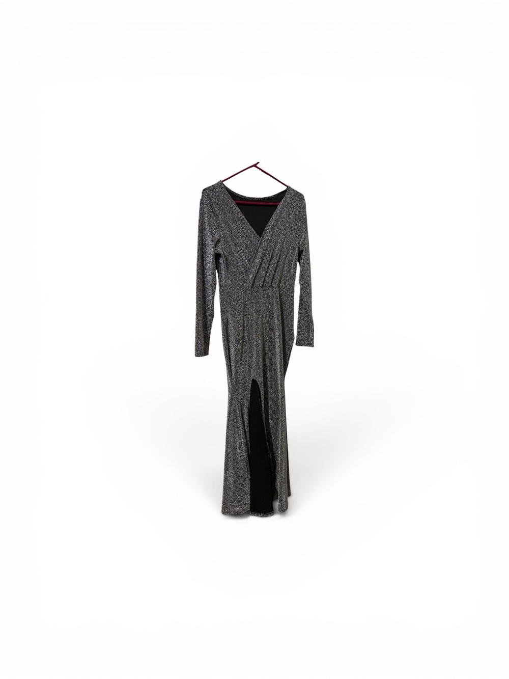 Long Sleeve V-Neck Silver Sparkle Evening Dress